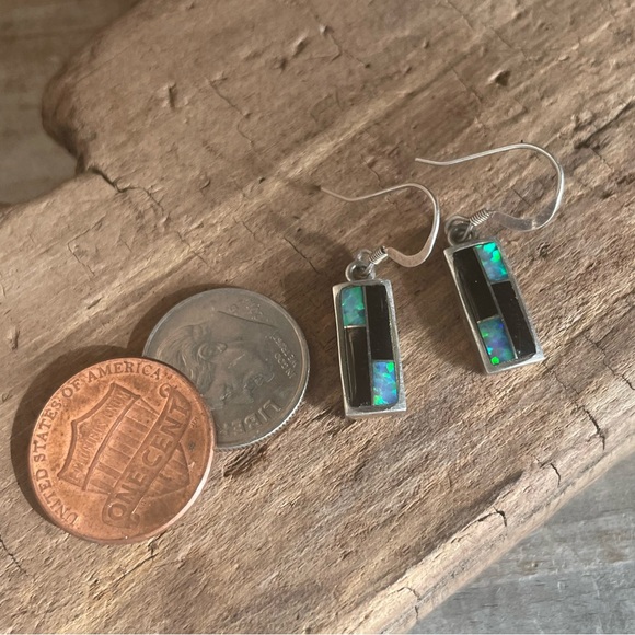 Dainty Dangle Earrings Fire Opal Onyx Sterling Silver Handmade - Picture 9 of 13